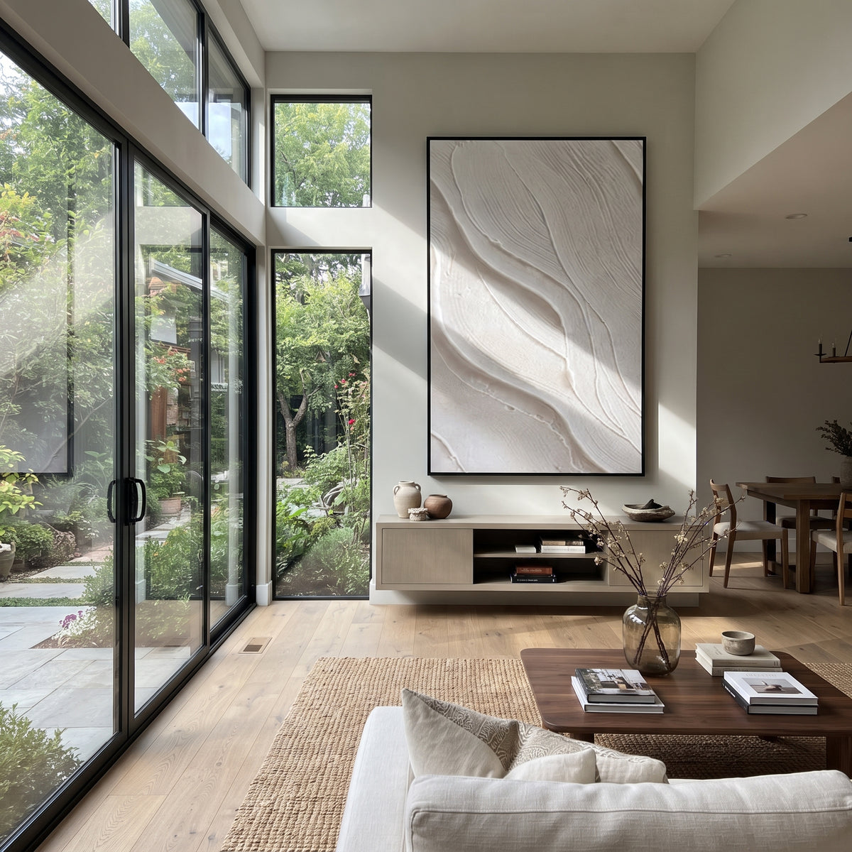 Slate Onyx Linen Contours Light - textured abstract painting shown in modern room setting 4
