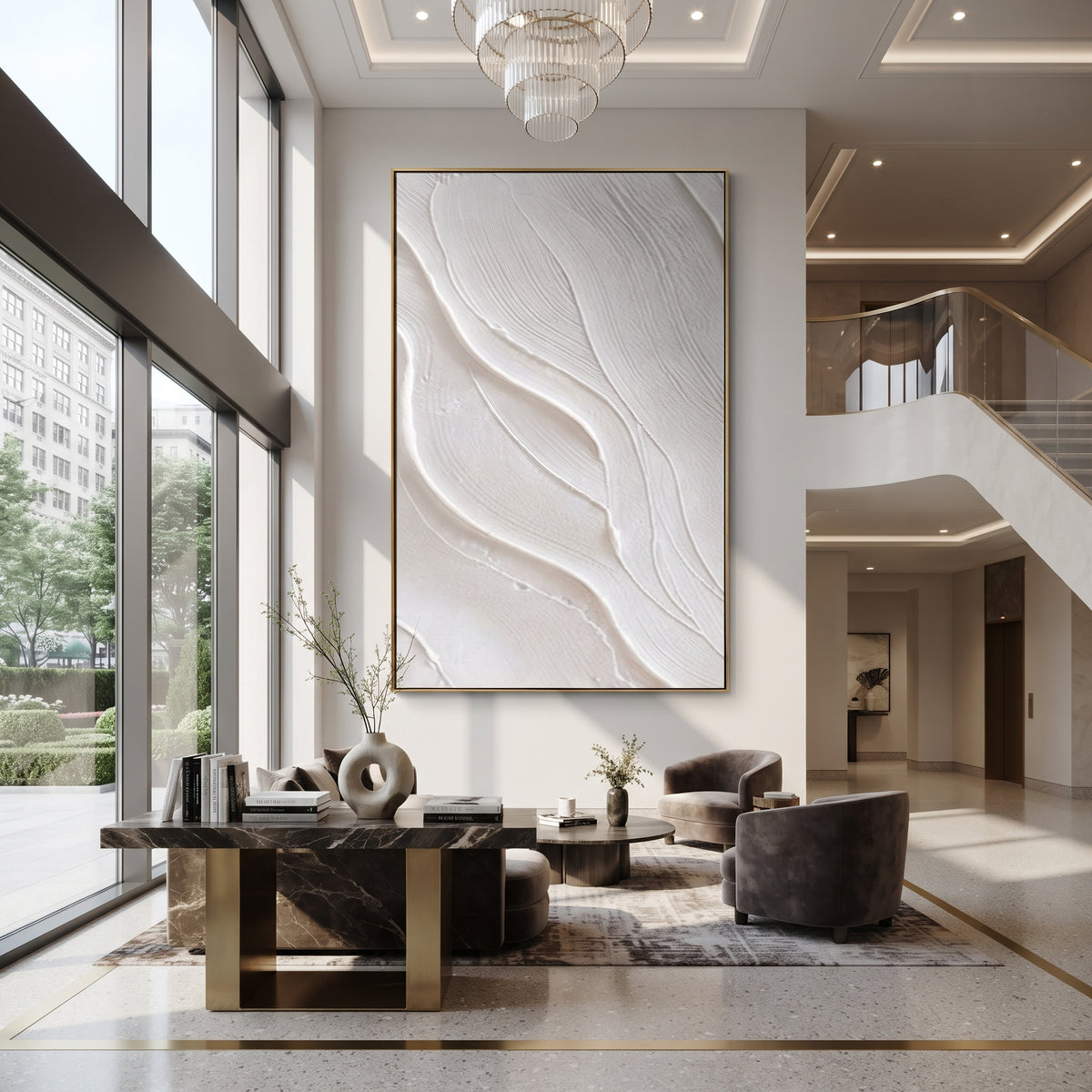 Slate Onyx Linen Contours Light - textured abstract painting shown in modern room setting 5