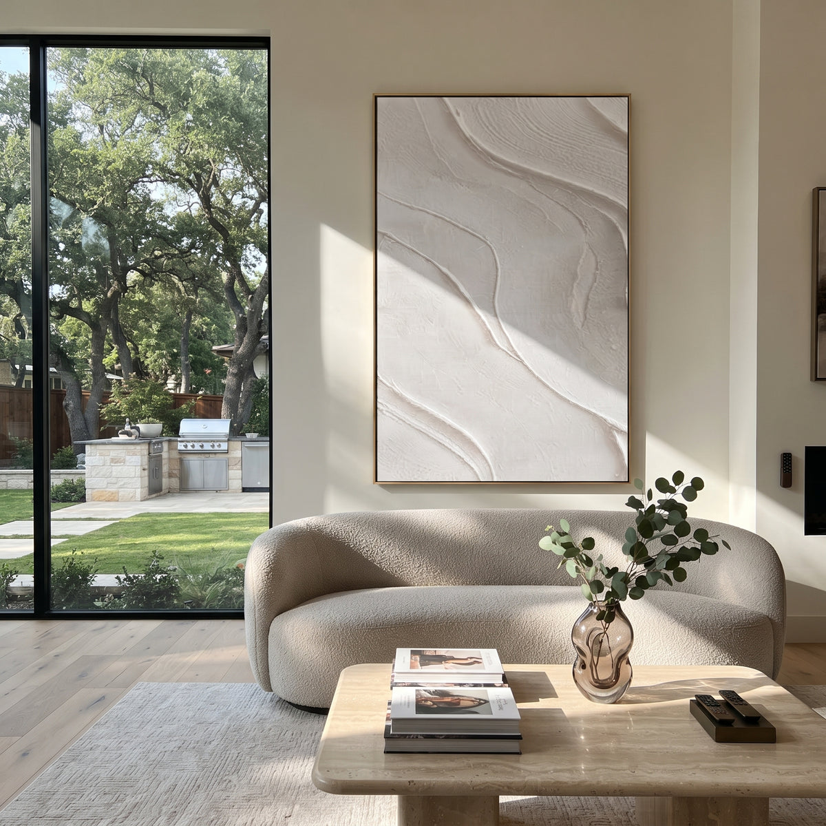 Slate Onyx Neutral Crossing Tension - textured abstract painting displayed in a styled interior