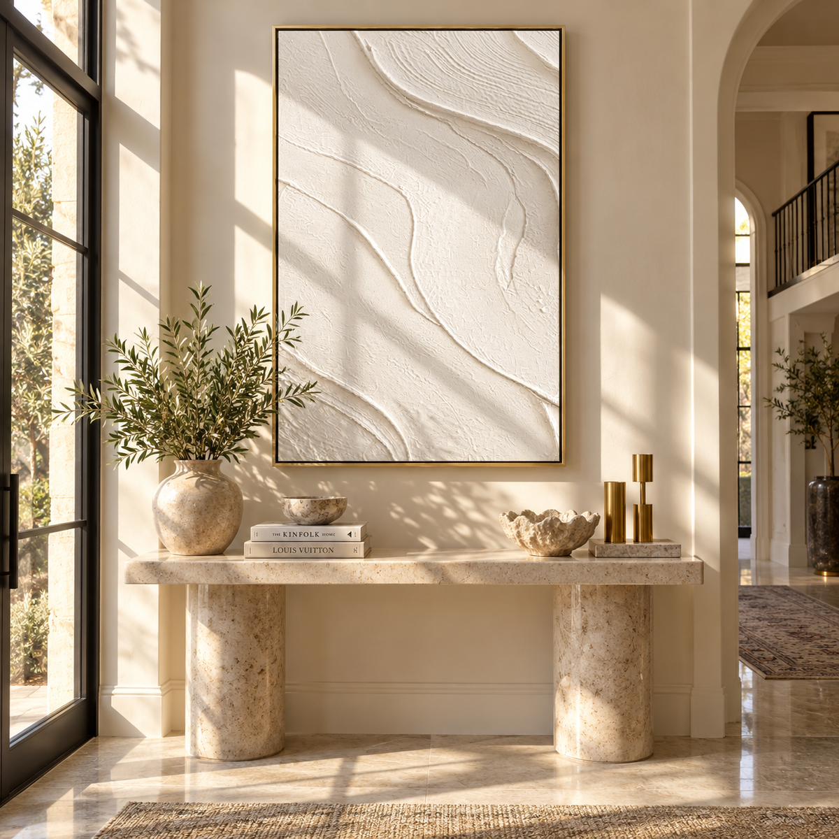 Slate Onyx Neutral Crossing Tension - textured abstract painting shown in modern room setting 4