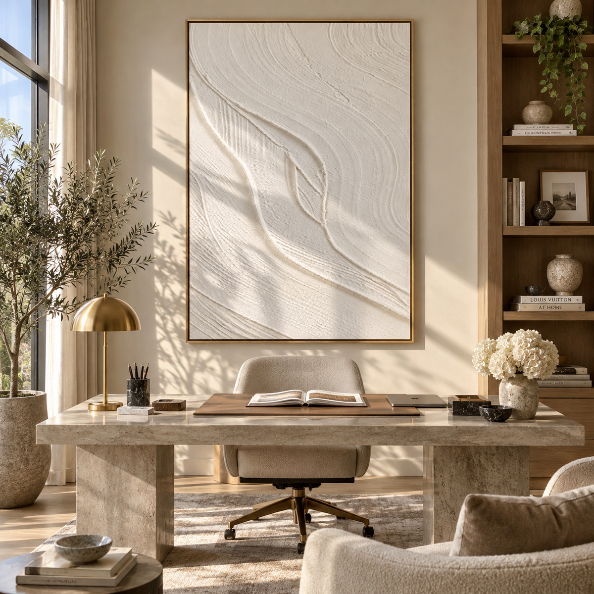 Slate Onyx Neutral Echo Space - textured abstract painting displayed in a styled interior