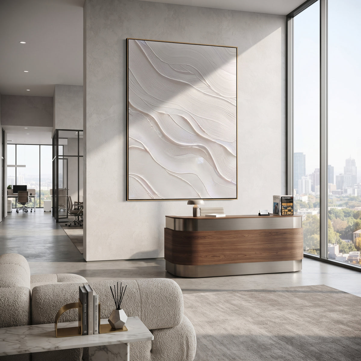 Slate Onyx Linen Rhythm Quiet - textured abstract painting shown in modern room setting 5