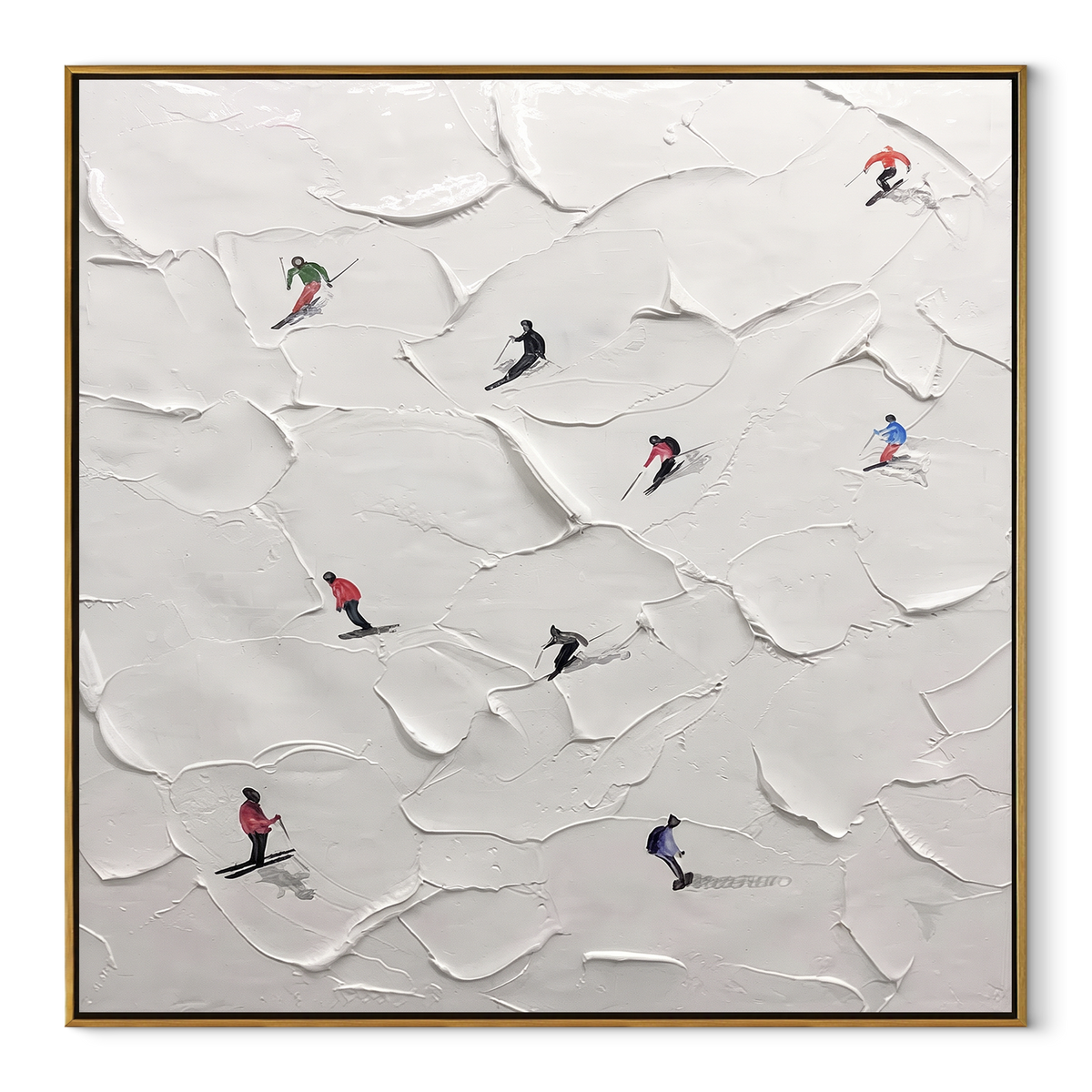 Slate Onyx Skiers Horizon Silence - textured skiing painting in a wood frame on white