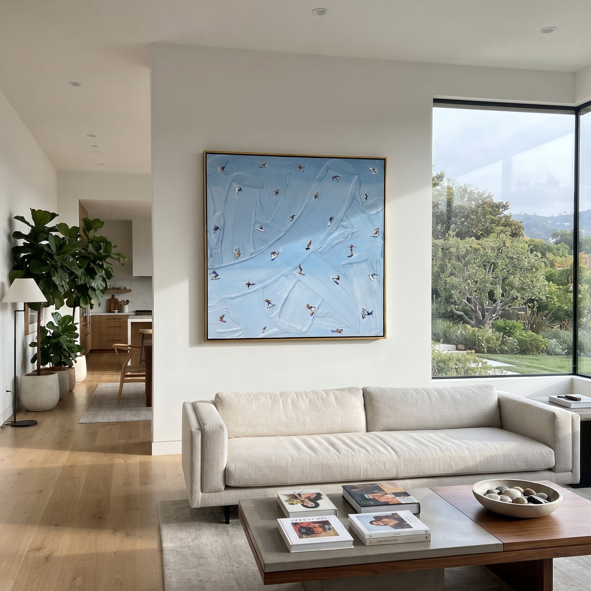 Azure Slate Swimmers Fragments Pause - textured swimmer painting displayed in a styled interior
