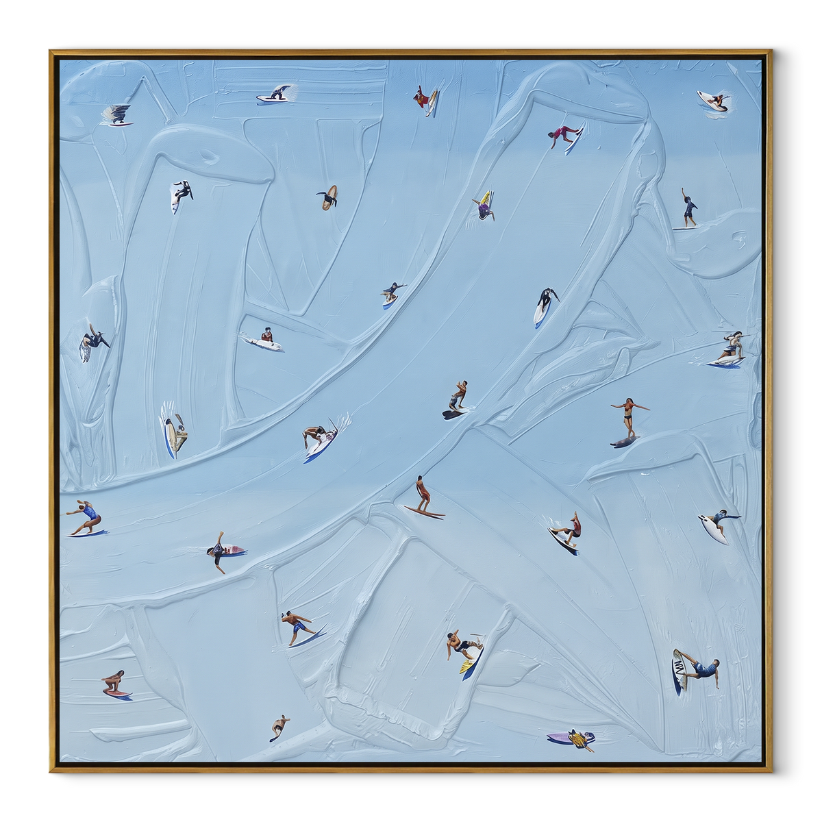 Azure Slate Swimmers Fragments Pause - textured swimmer painting in a wood frame on white