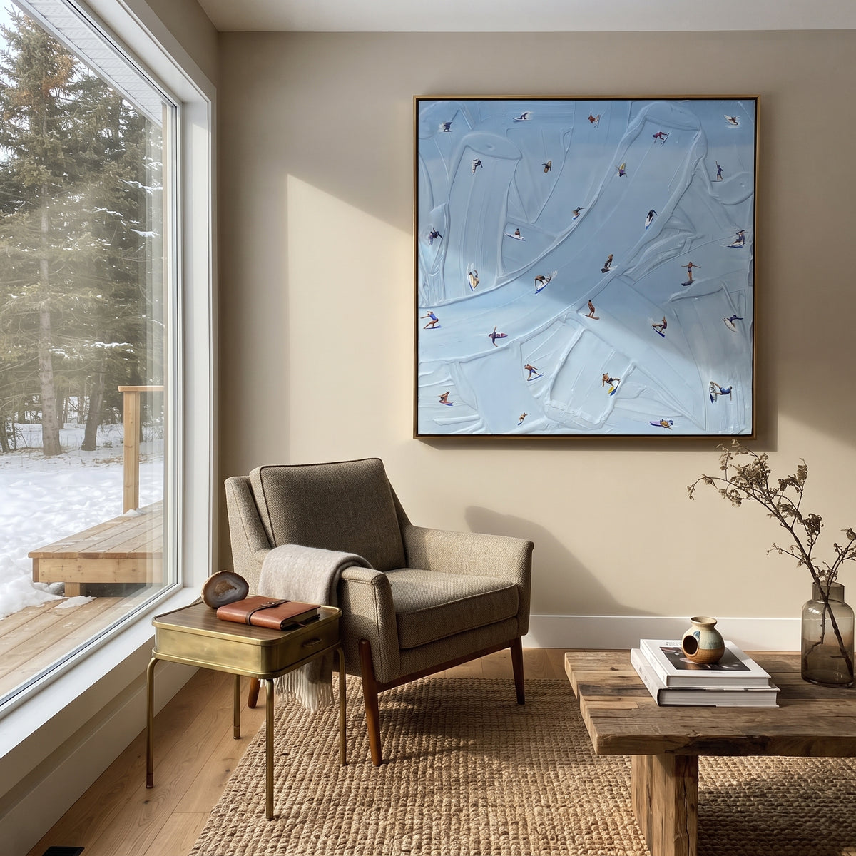 Azure Slate Swimmers Fragments Pause - textured swimmer painting shown in modern room setting 3