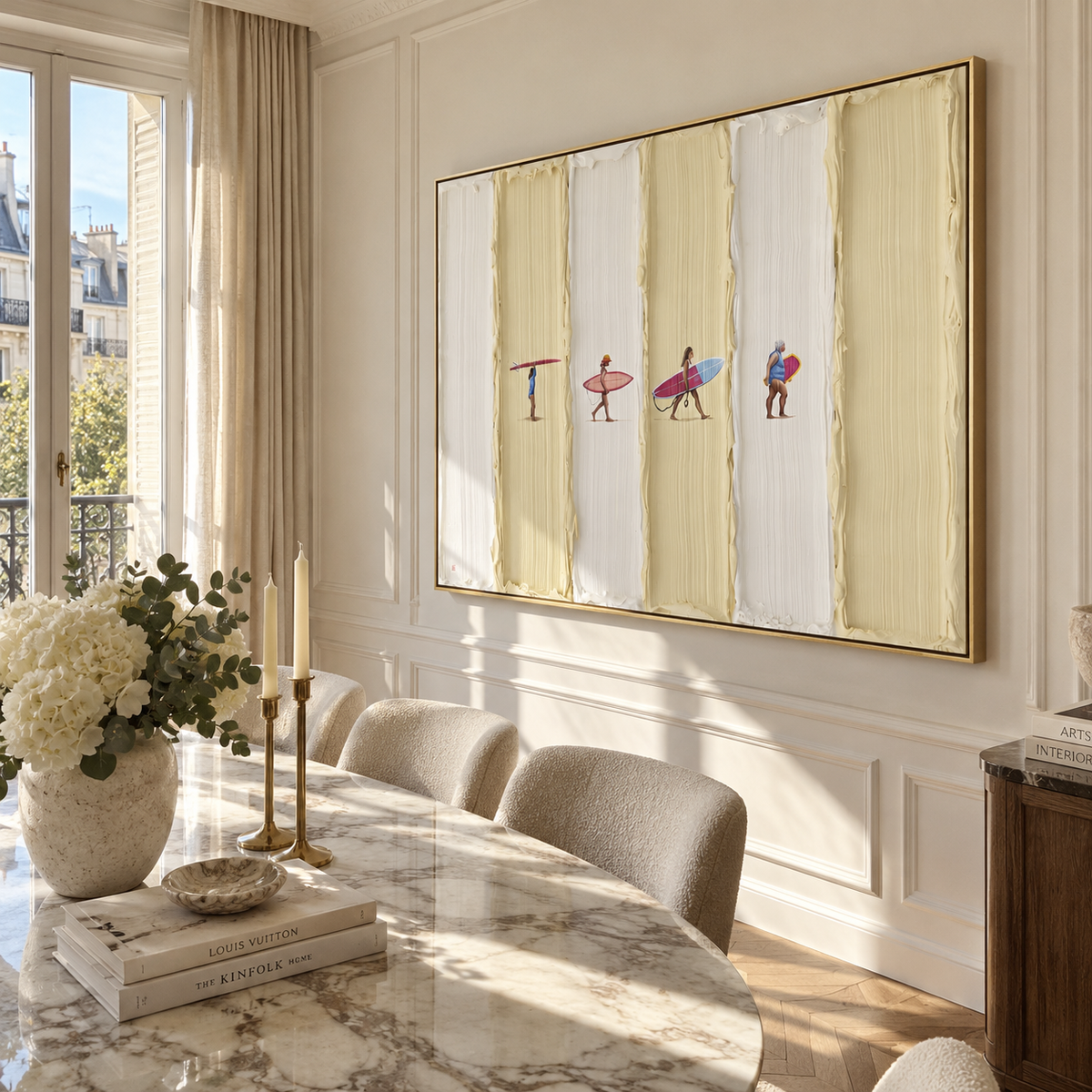 Ivory Gilded Figures Field Balance - textured figurative painting displayed in a styled interior