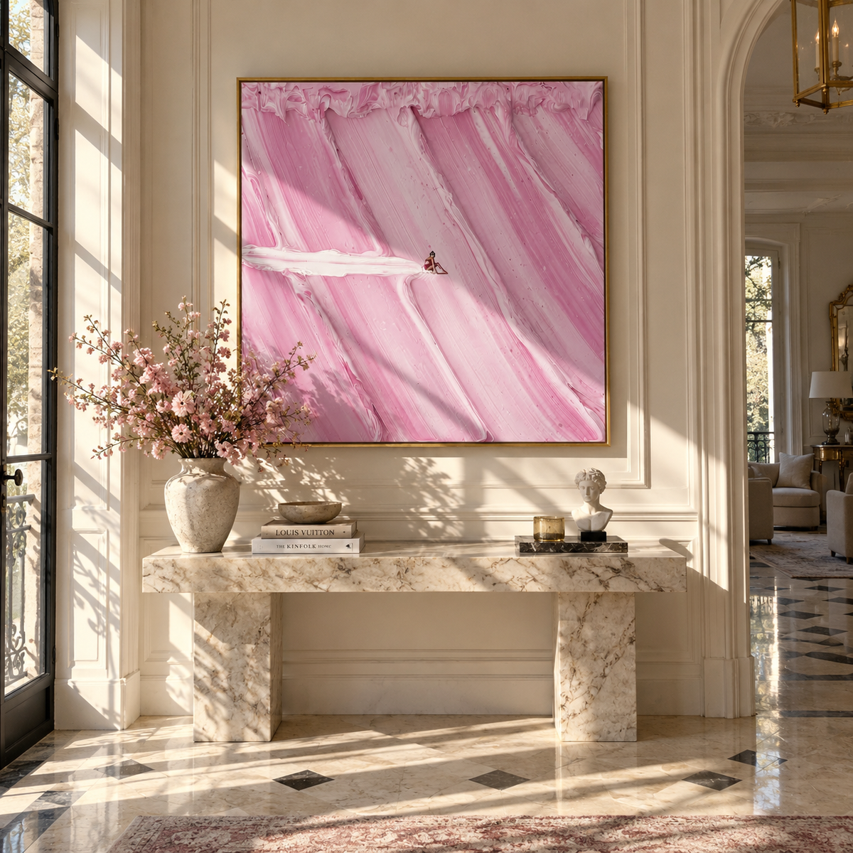 Linen Blush Slate Passage Resonance - textured abstract painting displayed in a styled interior