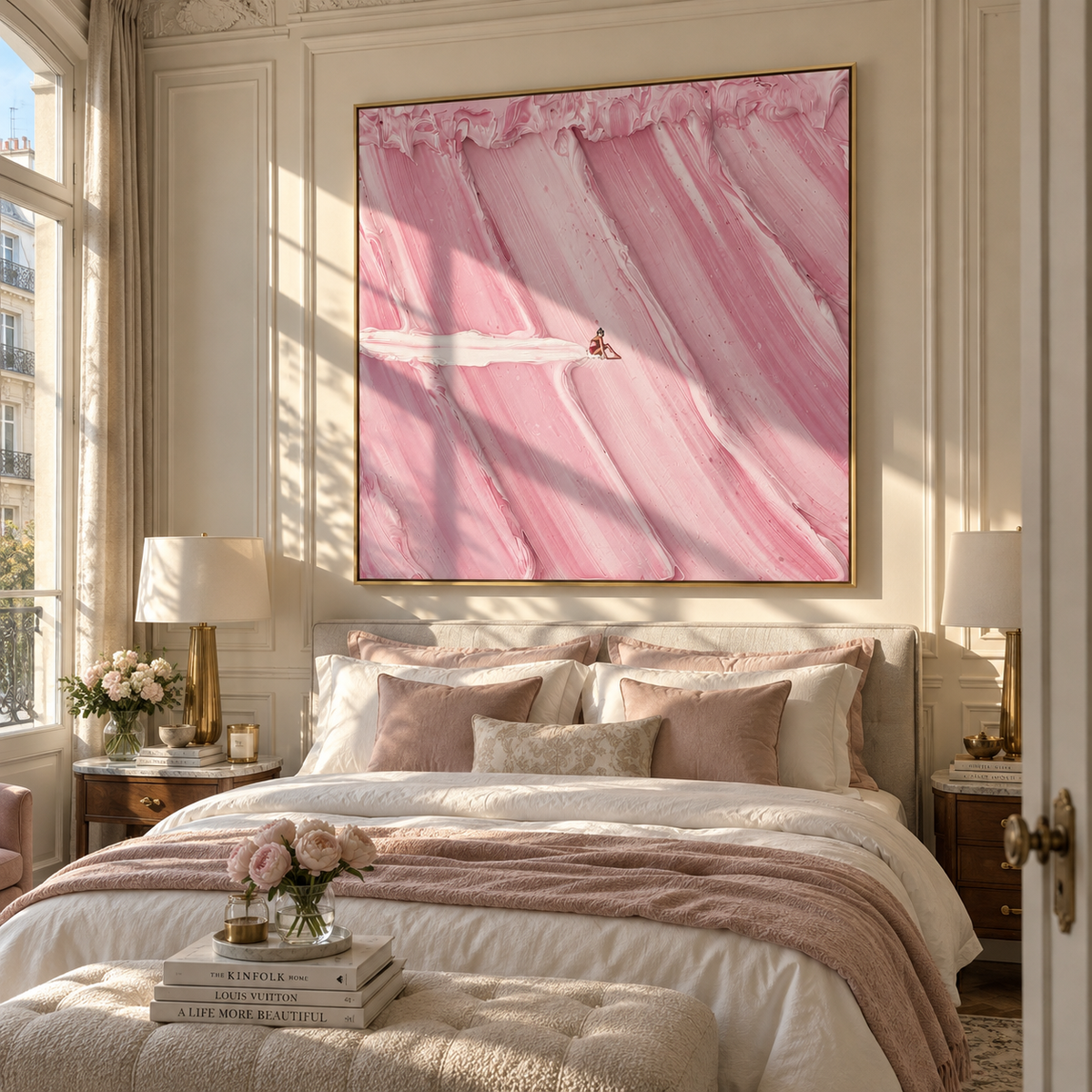Linen Blush Slate Passage Resonance - textured abstract painting shown in modern room setting 5