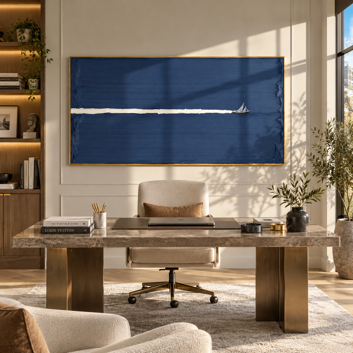 Azure Onyx Sails Layers Air - textured sailboat painting shown in modern room setting 2