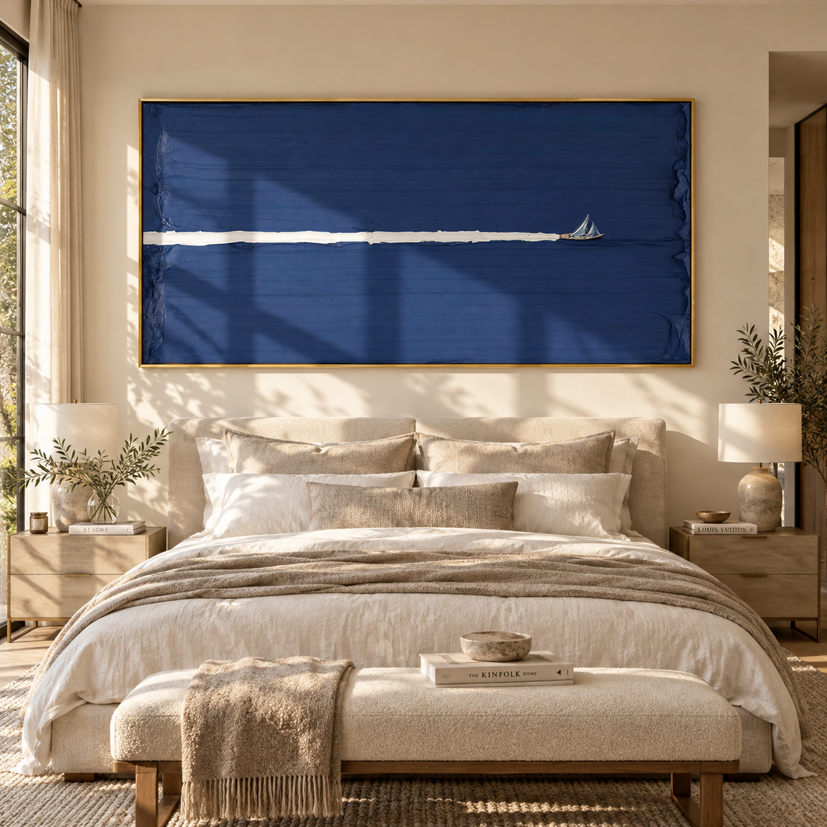 Azure Onyx Sails Layers Air - textured sailboat painting shown in modern room setting 3