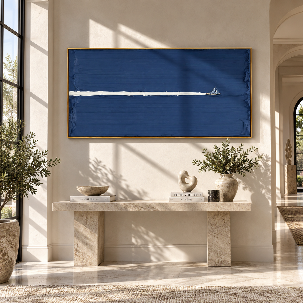 Azure Onyx Sails Layers Air - textured sailboat painting shown in modern room setting 4