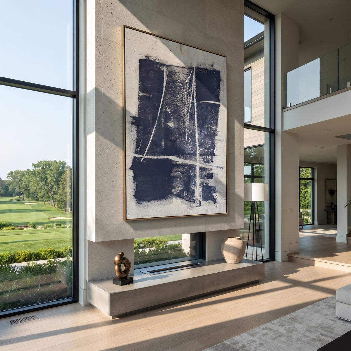 Azure Slate Onyx Balance Rain - textured abstract painting displayed in a styled interior