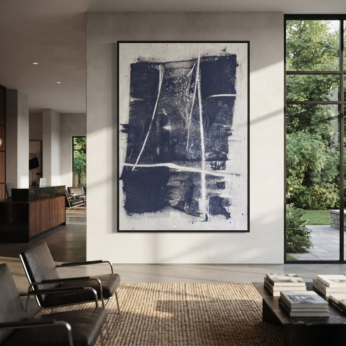 Azure Slate Onyx Balance Rain - textured abstract painting shown in modern room setting 2