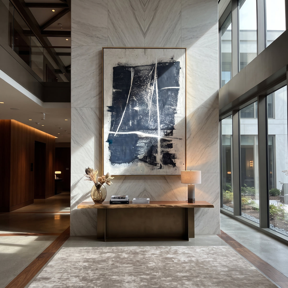 Azure Slate Onyx Balance Rain - textured abstract painting shown in modern room setting 5