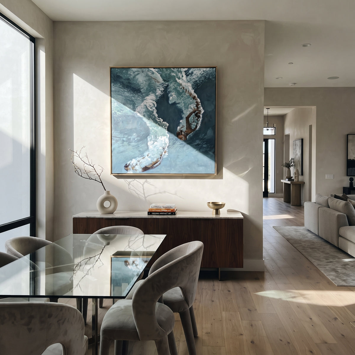 Azure Slate Swimmers Drift Dusk - textured swimmer painting displayed in a styled interior