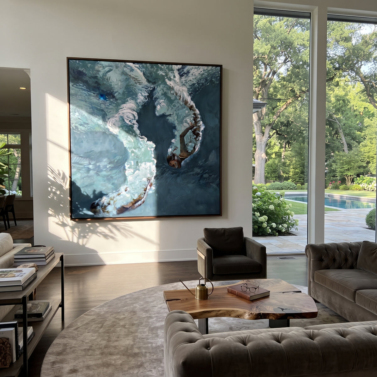 Azure Slate Swimmers Drift Dusk - textured swimmer painting shown in modern room setting 4