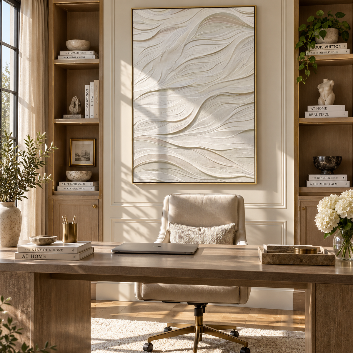 Slate Onyx Linen Echo Light - textured abstract painting shown in modern room setting 2