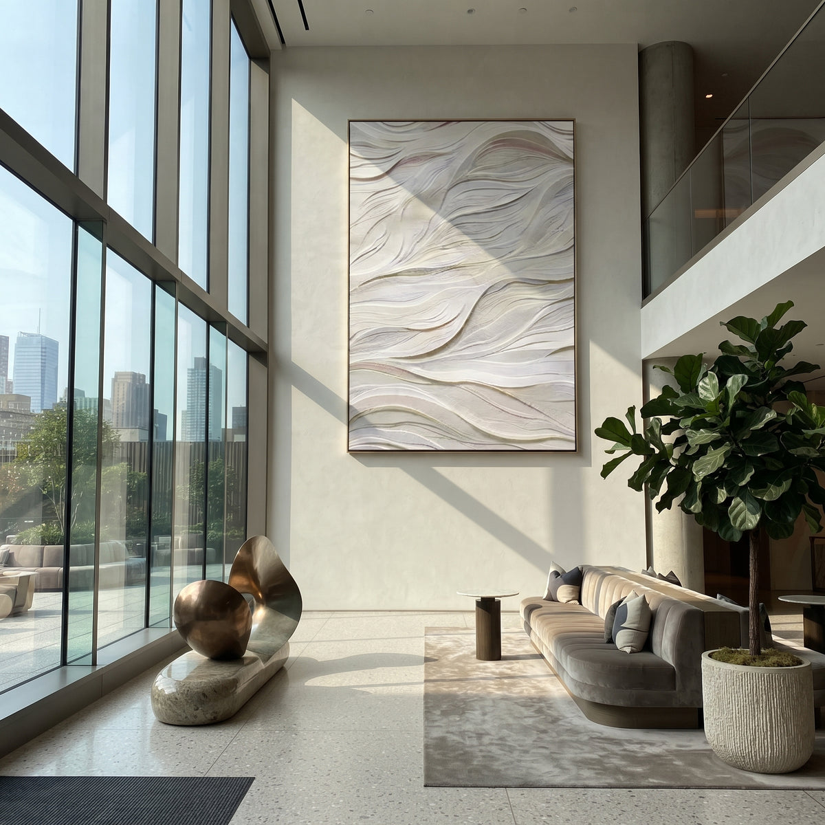 Slate Onyx Linen Echo Light - textured abstract painting shown in modern room setting 4