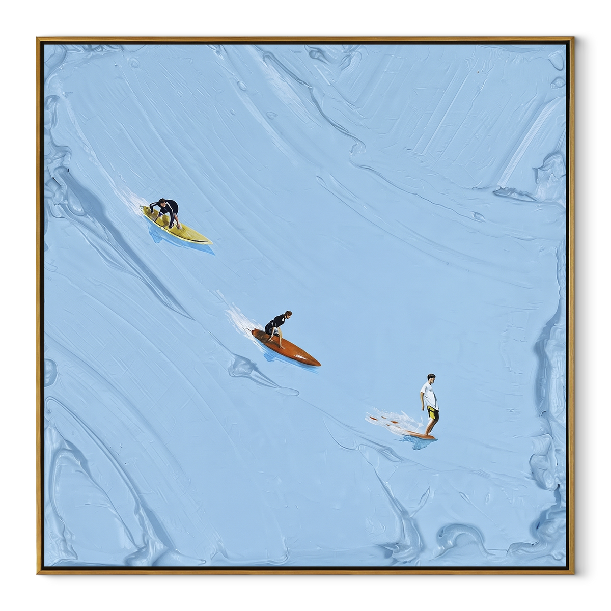 Azure Umber Swimmers Strata Quiet - textured swimmer painting in a wood frame on white