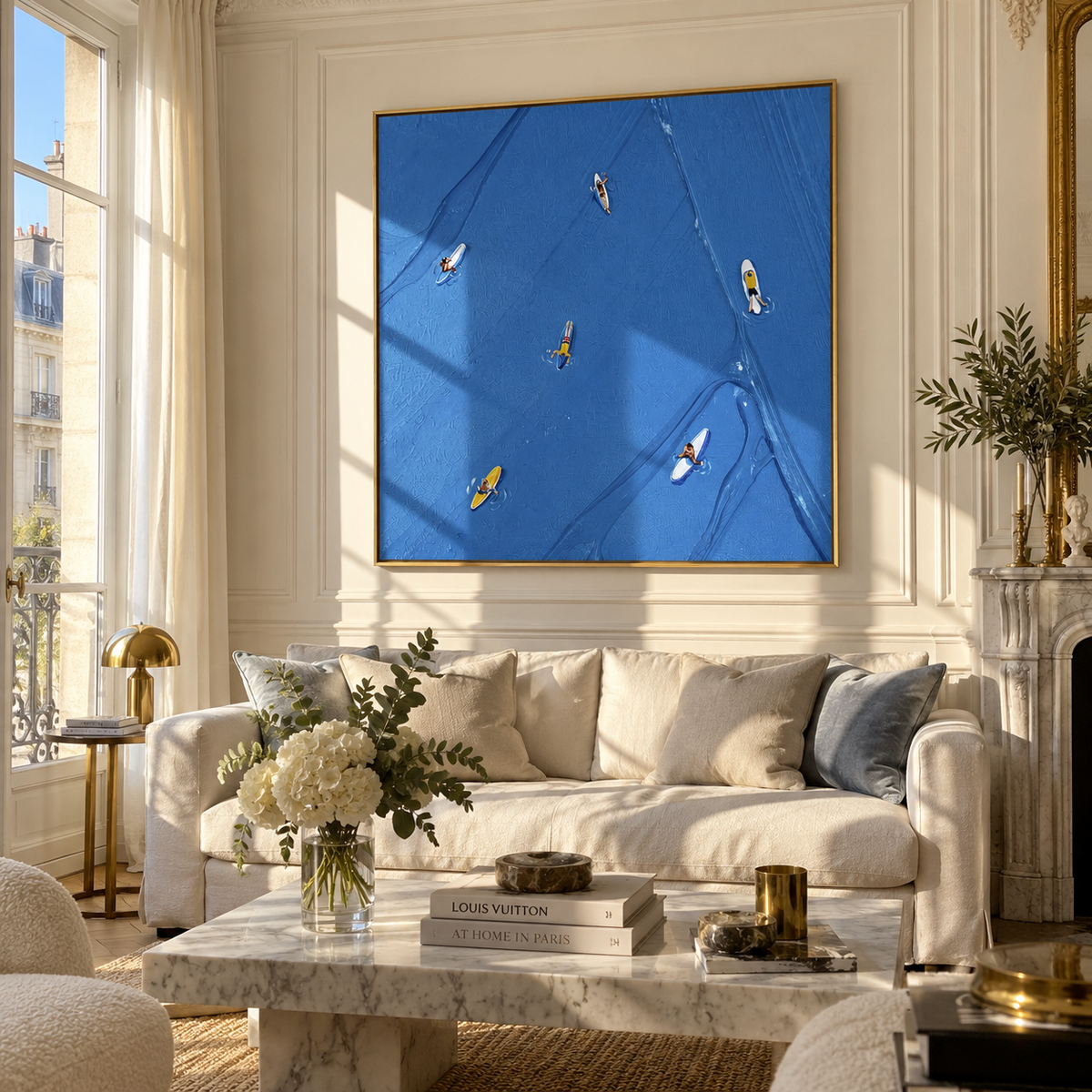 Azure Slate Swimmers Terraces Form - textured swimmer painting shown in modern room setting 2