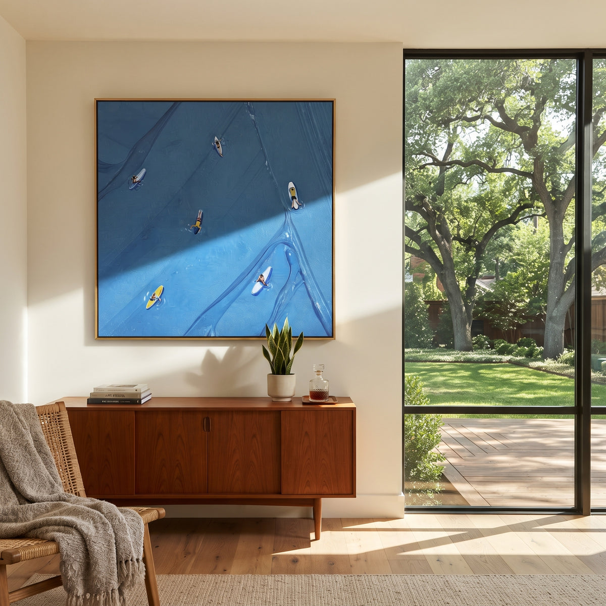 Azure Slate Swimmers Terraces Form - textured swimmer painting shown in modern room setting 3