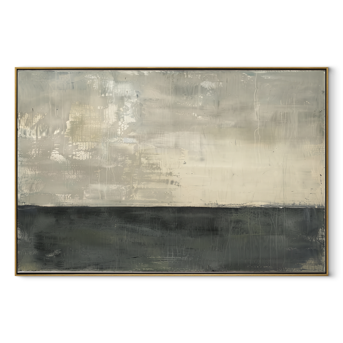Slate Linen Gilded Fragments Depth - textured abstract painting in a wood frame on white