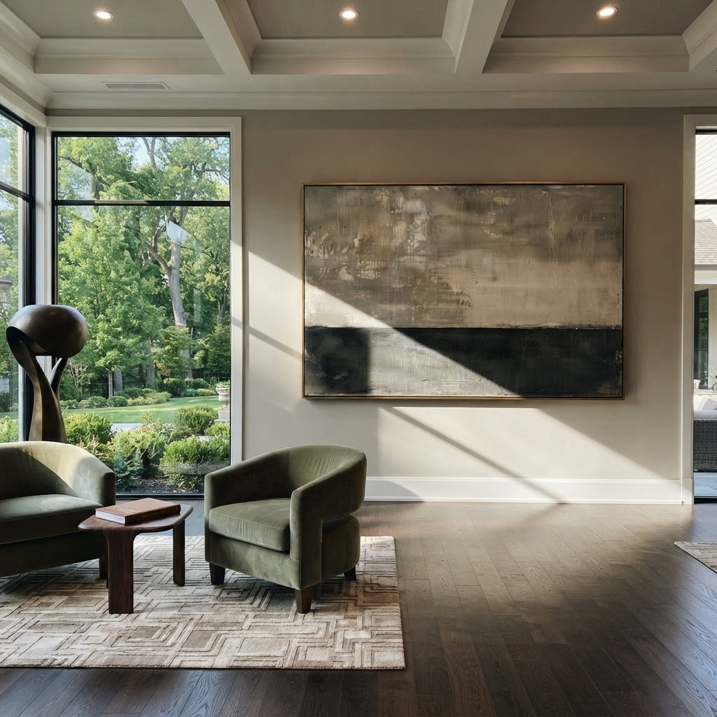 Slate Linen Gilded Fragments Depth - textured abstract painting shown in modern room setting 3