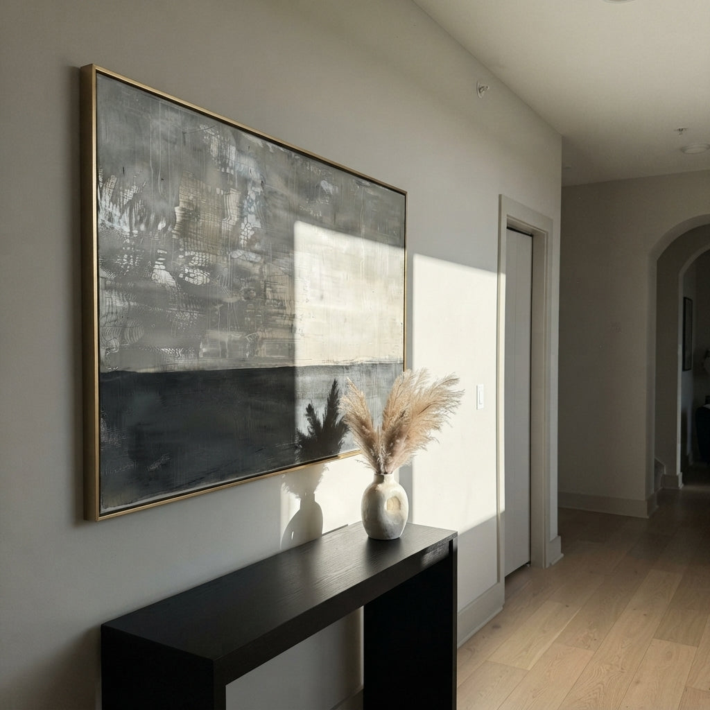 Slate Linen Gilded Fragments Depth - textured abstract painting shown in modern room setting 5