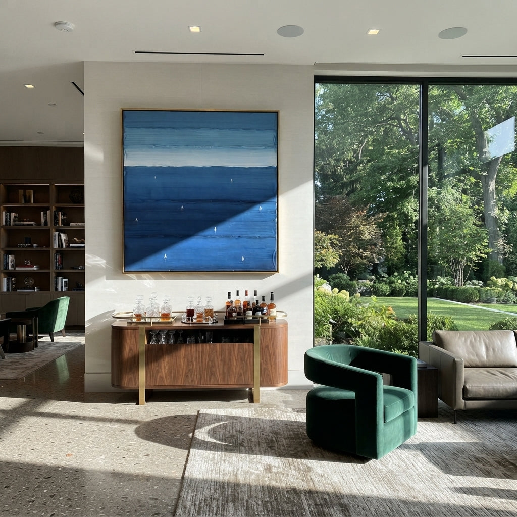 Azure Slate Neutral Field Silence - textured abstract painting shown in modern room setting 4