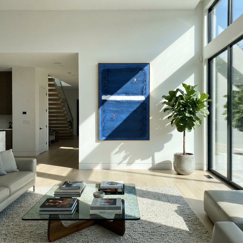 Azure Onyx Slate Passage Pause - textured abstract painting shown in modern room setting 5