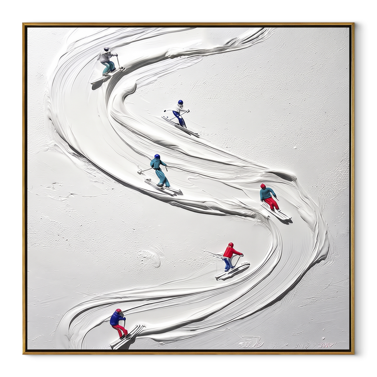 Slate Azure Skiers Tides Balance - textured skiing painting in a wood frame on white