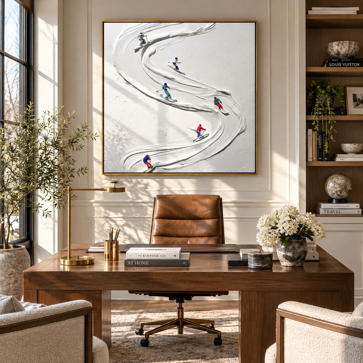 Slate Azure Skiers Tides Balance - textured skiing painting shown in modern room setting 3