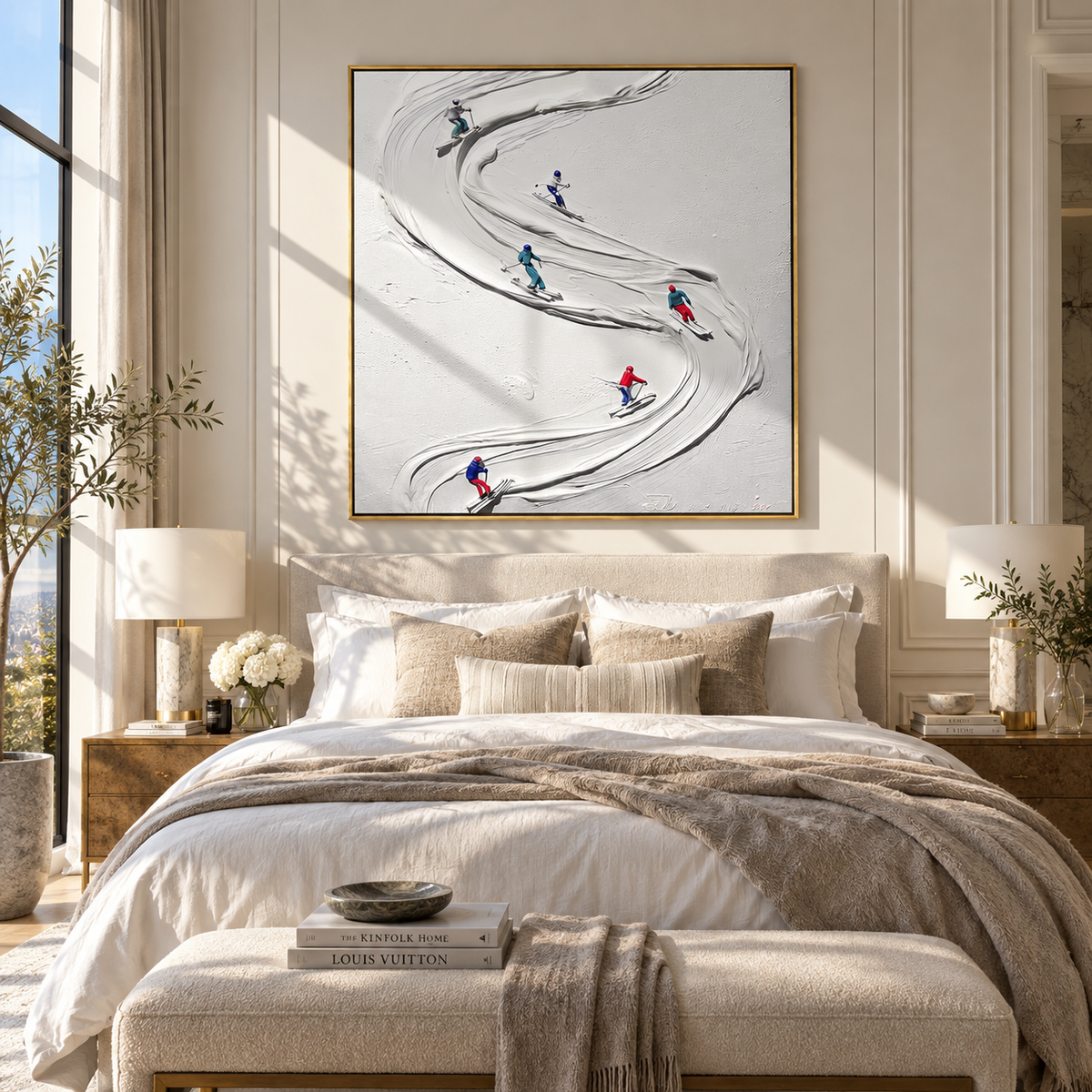 Slate Azure Skiers Tides Balance - textured skiing painting shown in modern room setting 4