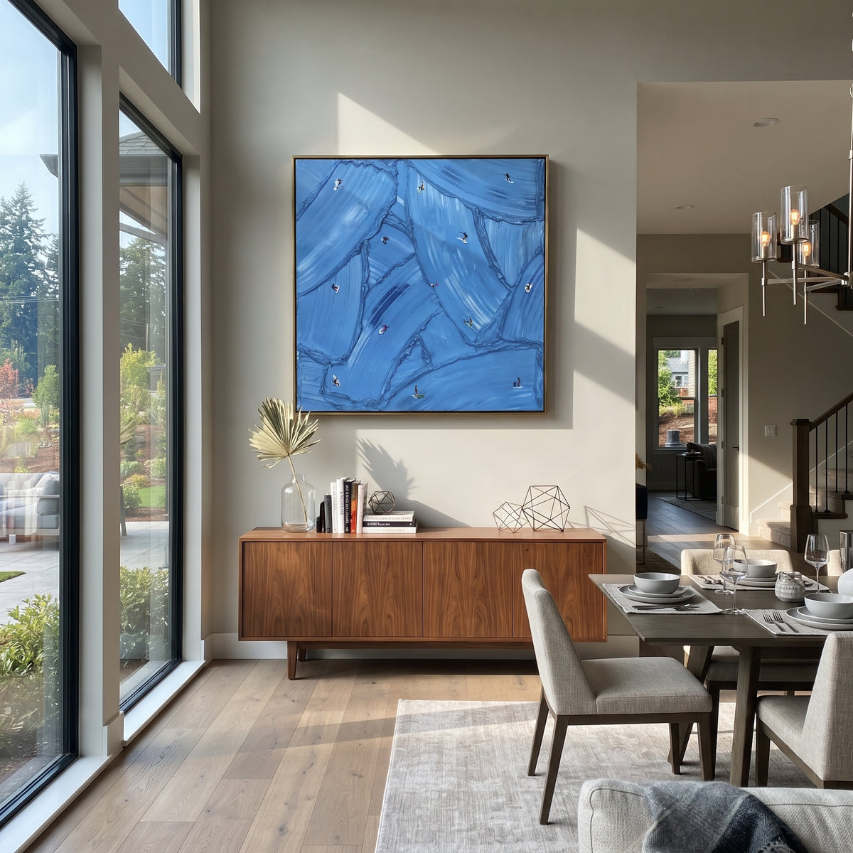 Azure Slate Swimmers Currents Resonance - textured swimmer painting shown in modern room setting 2