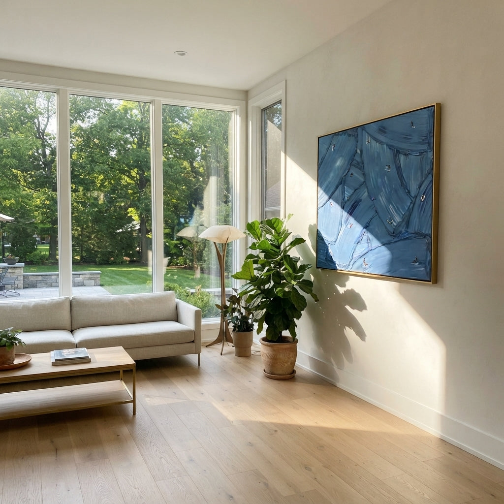 Azure Slate Swimmers Currents Resonance - textured swimmer painting shown in modern room setting 3