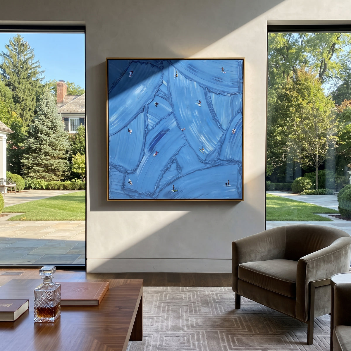 Azure Slate Swimmers Currents Resonance - textured swimmer painting shown in modern room setting 5