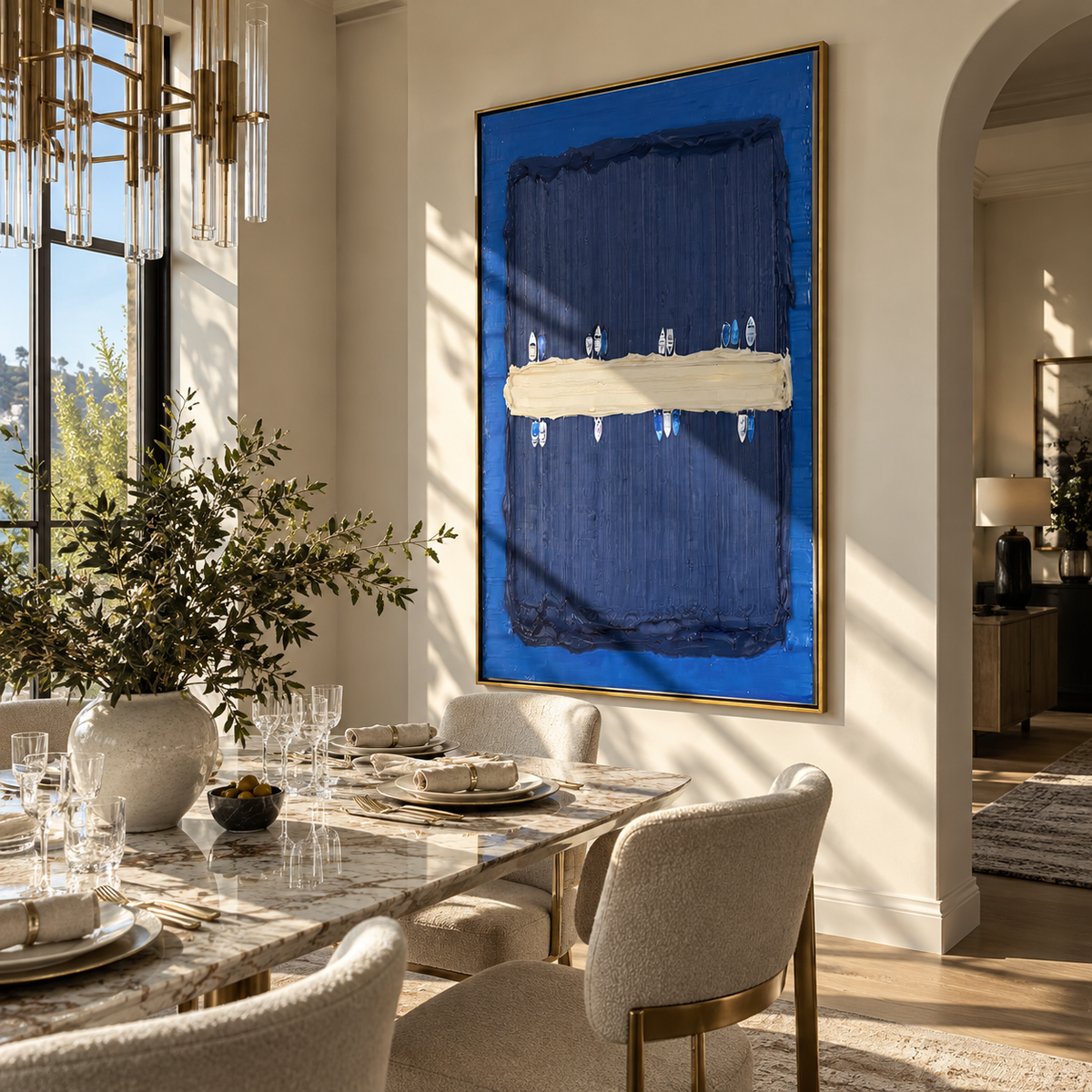 Azure Slate Onyx Layers Calm - textured abstract painting displayed in a styled interior