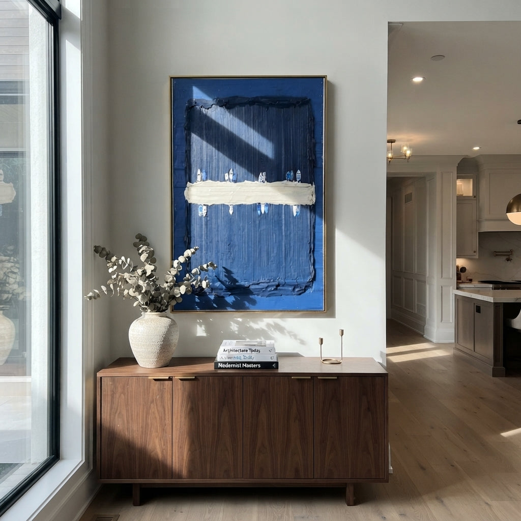 Azure Slate Onyx Layers Calm - textured abstract painting shown in modern room setting 5