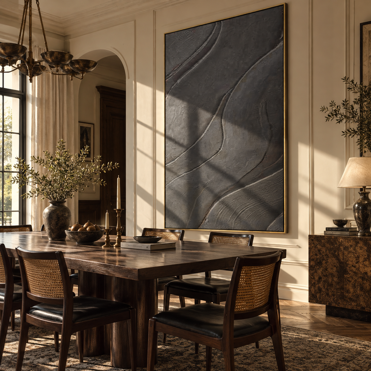 Slate Onyx Umber Balance Stillness - textured abstract painting displayed in a styled interior