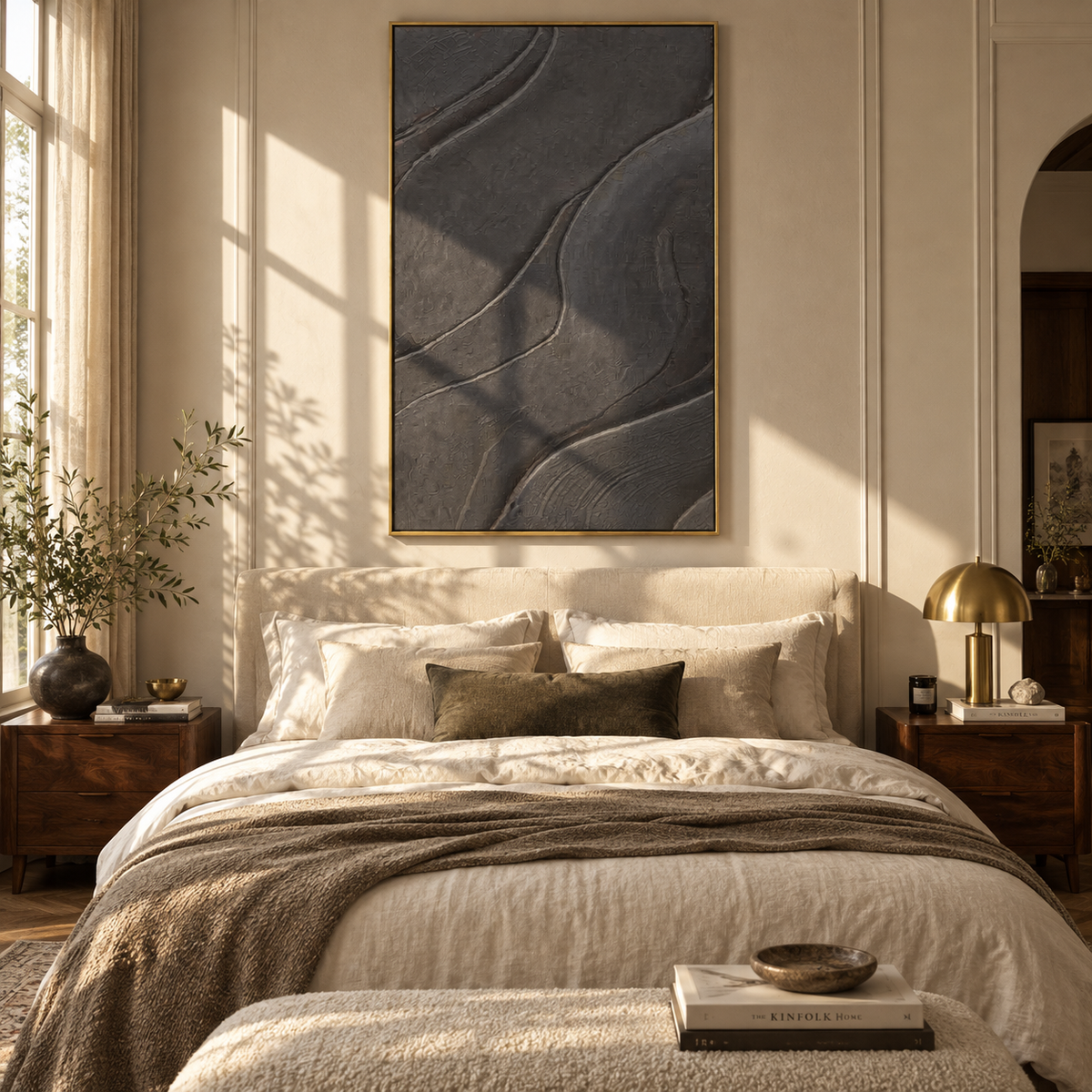 Slate Onyx Umber Balance Stillness - textured abstract painting shown in modern room setting 3