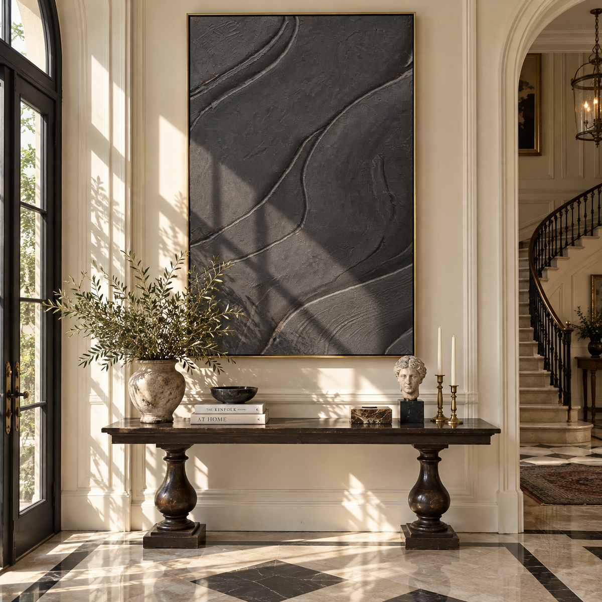 Slate Onyx Umber Balance Stillness - textured abstract painting shown in modern room setting 4
