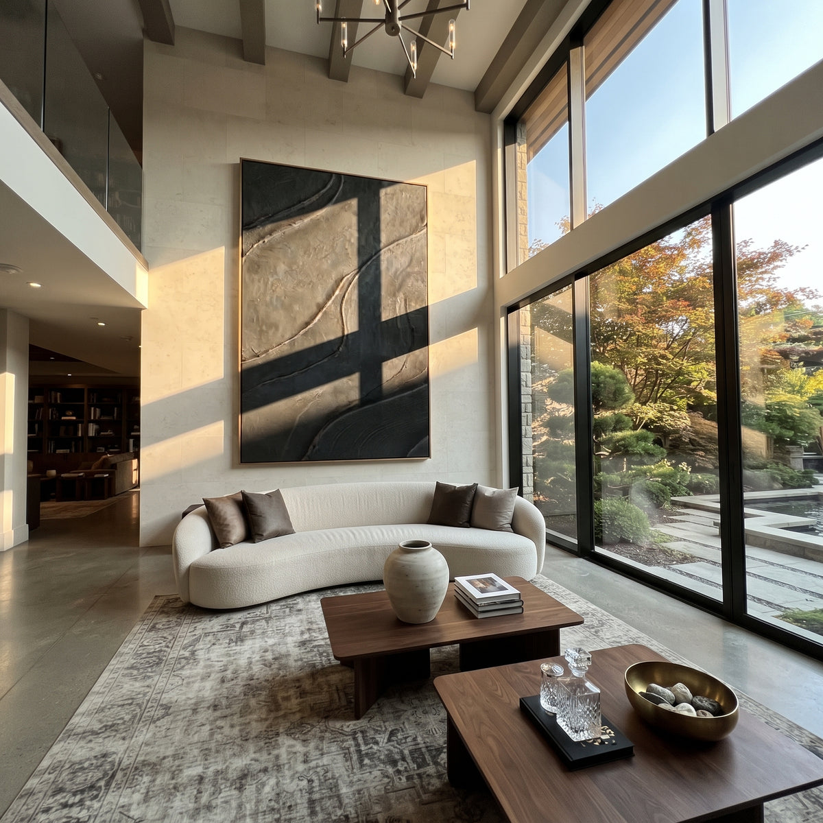 Slate Onyx Umber Balance Stillness - textured abstract painting shown in modern room setting 5