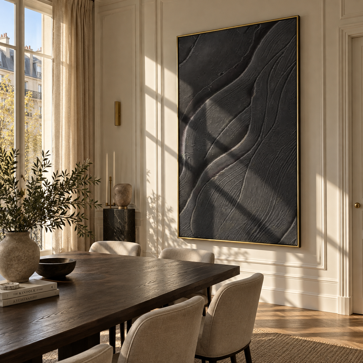 Slate Onyx Umber Intervals Air - textured abstract painting displayed in a styled interior