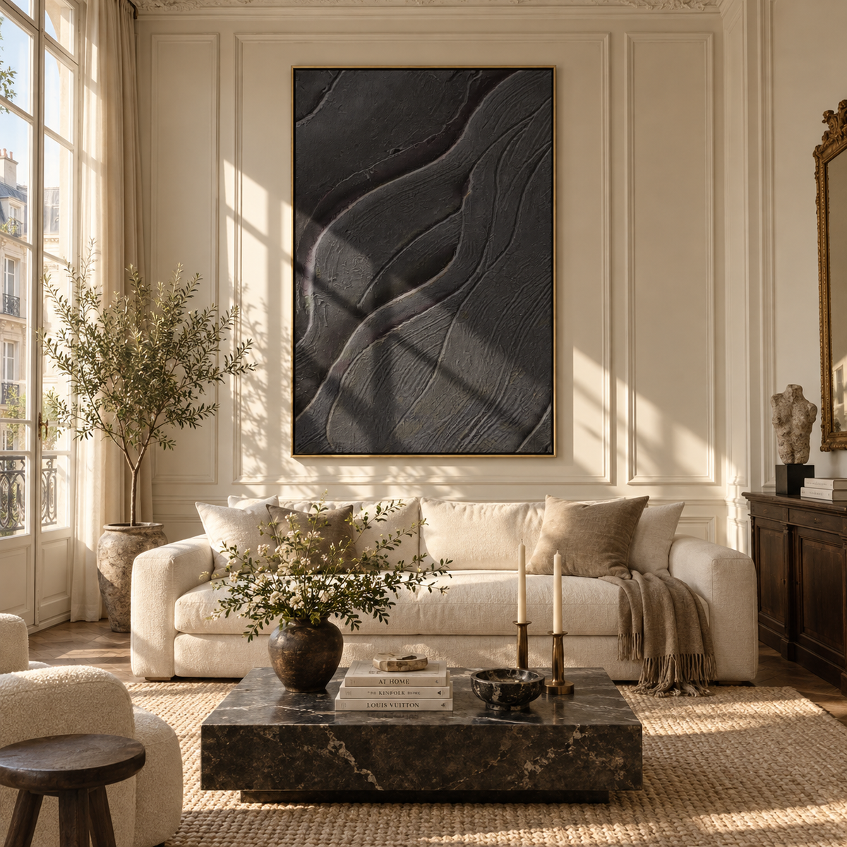 Slate Onyx Umber Intervals Air - textured abstract painting shown in modern room setting 2