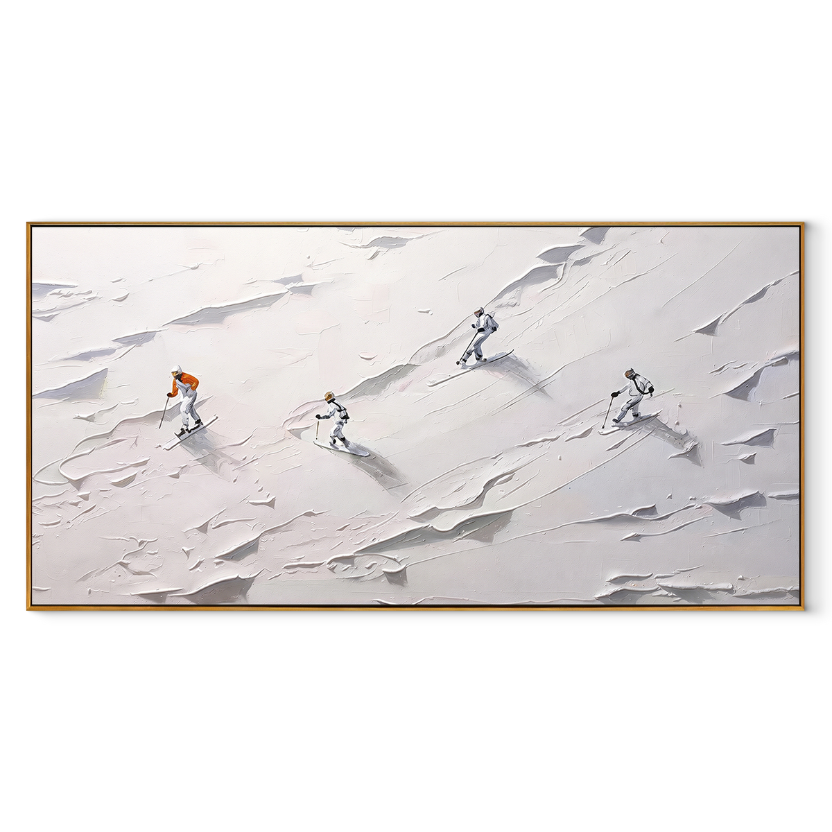 Ivory Slate Skiers Contours Cadence - textured skiing painting in a wood frame on white