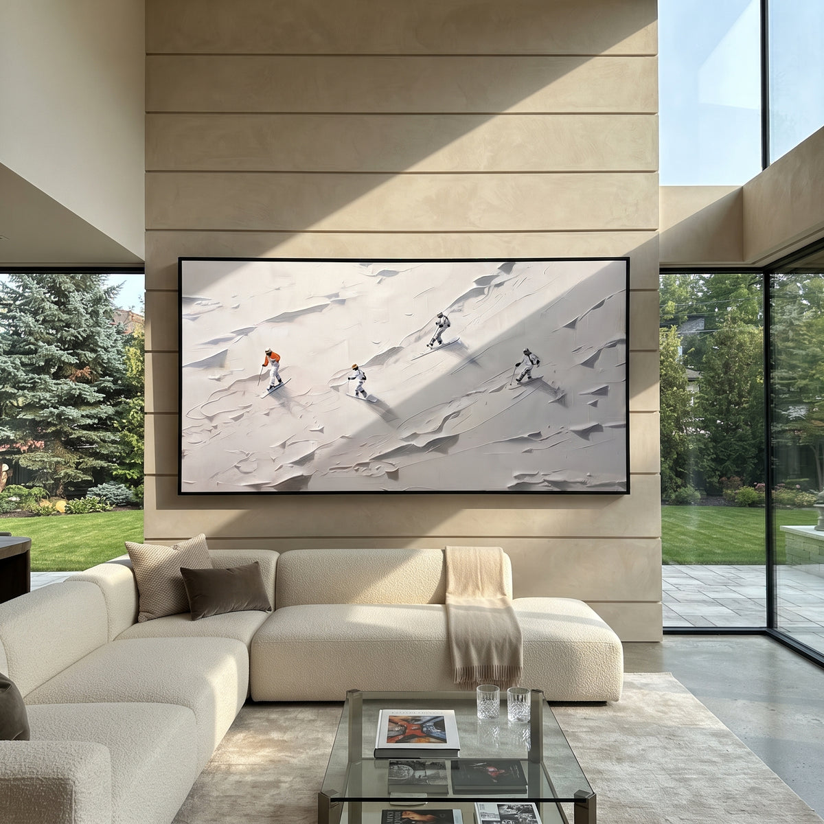 Ivory Slate Skiers Contours Cadence - textured skiing painting shown in modern room setting 2