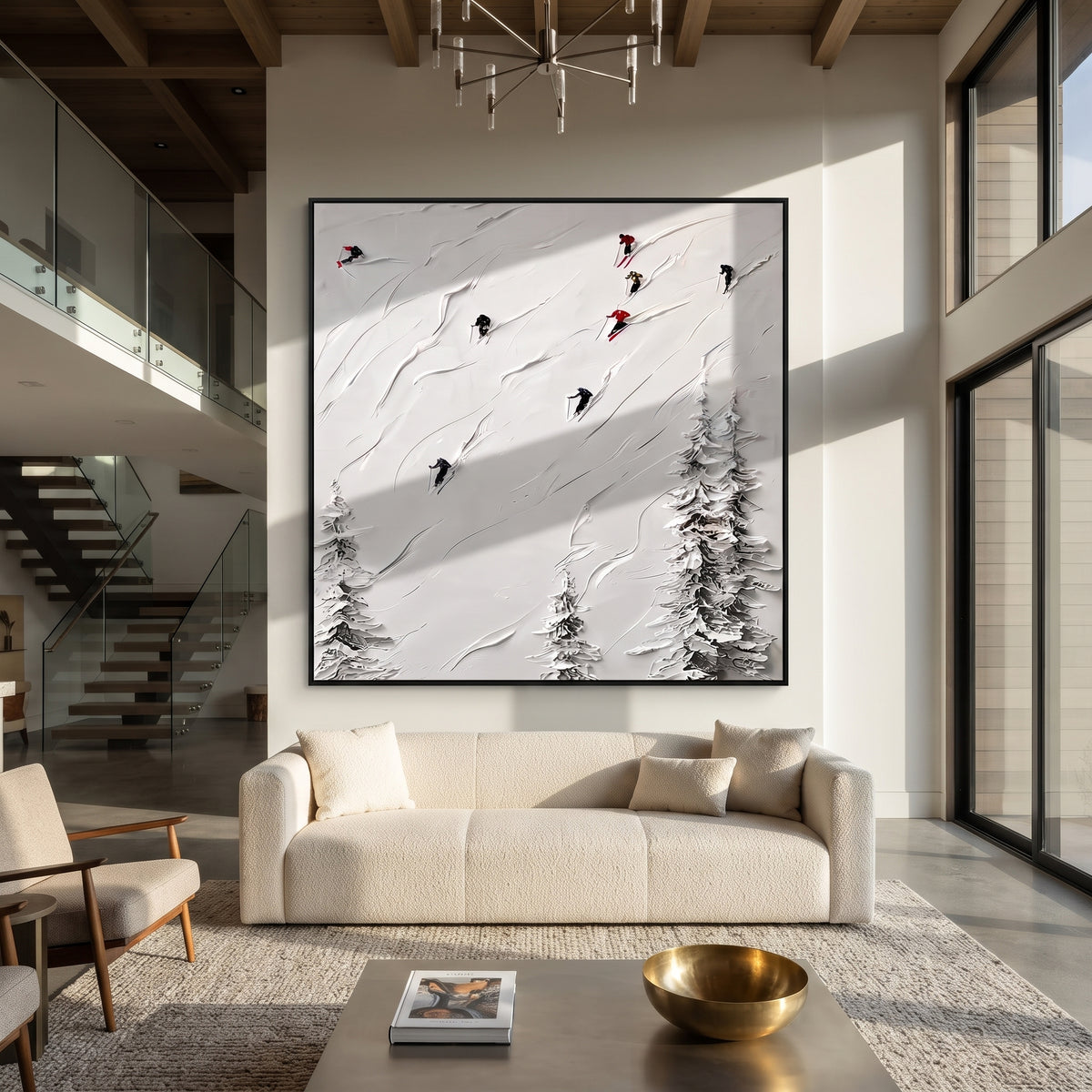 Slate Onyx Skiers Crossing Dusk - textured skiing painting displayed in a styled interior