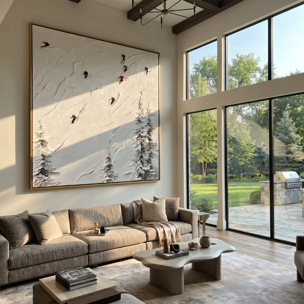Slate Onyx Skiers Crossing Dusk - textured skiing painting shown in modern room setting 2