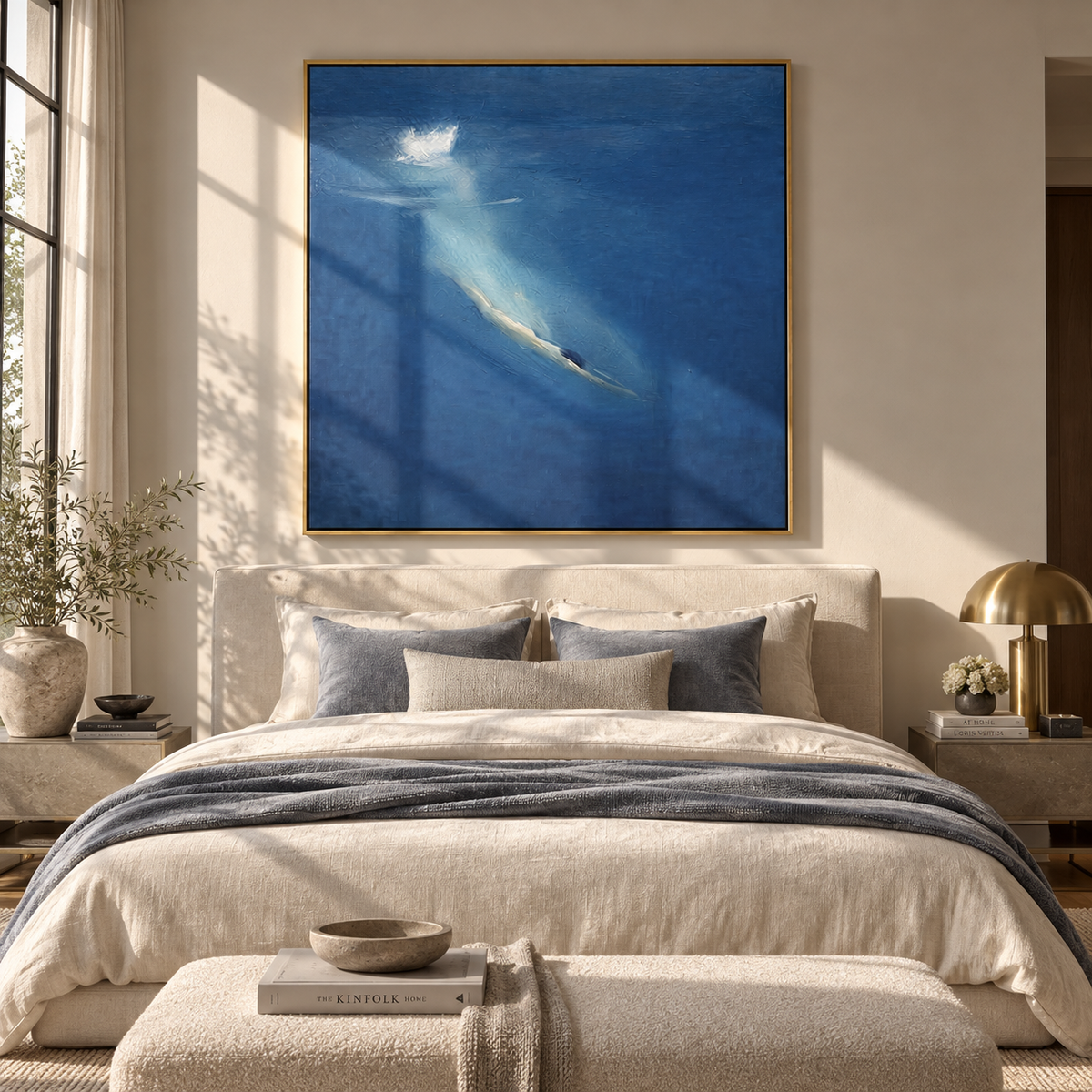 Azure Slate Swimmers Rhythm Distance - textured swimmer painting displayed in a styled interior